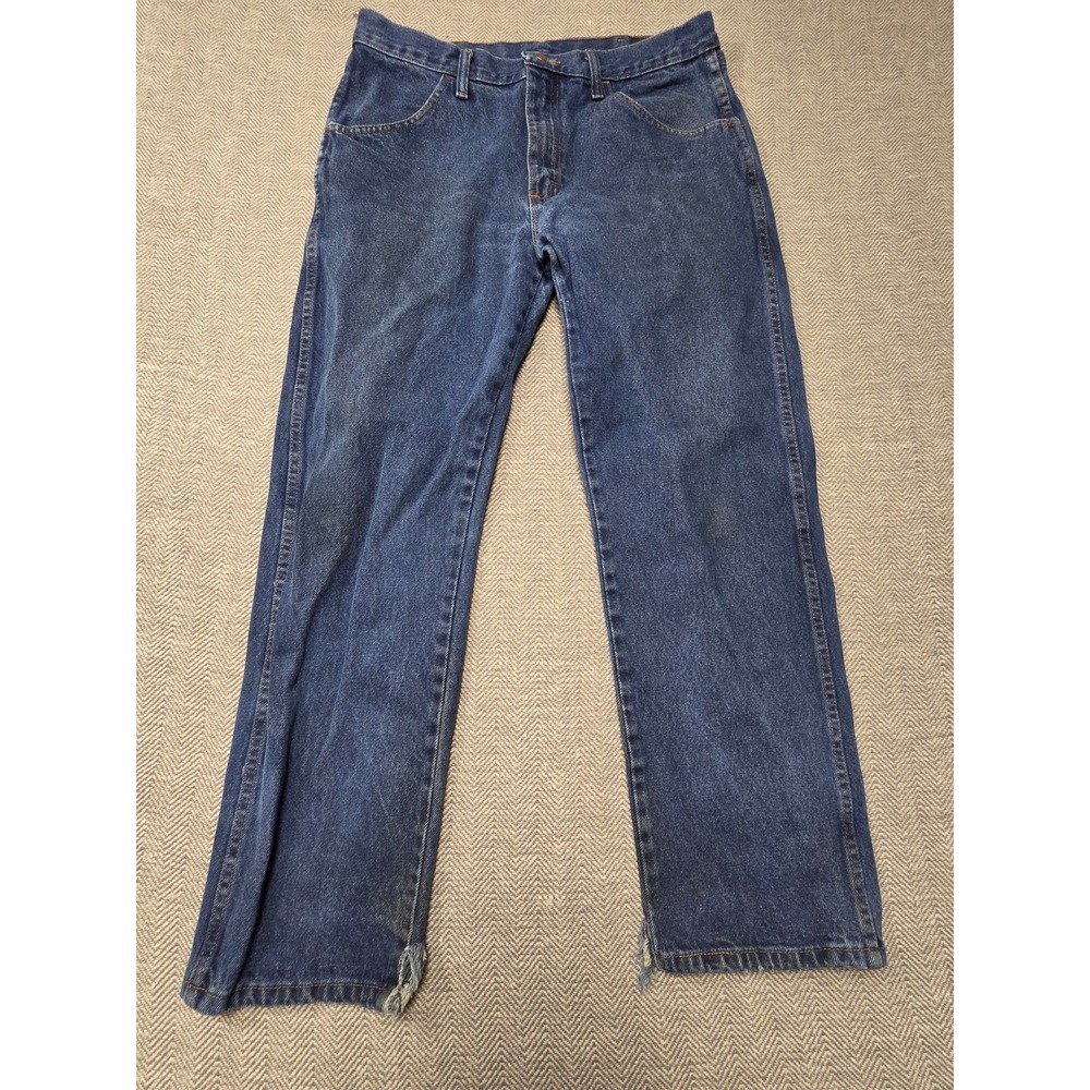 Rustler Mens Blue Denim Jeans Straight Leg Size 34x30 Distressed Hem